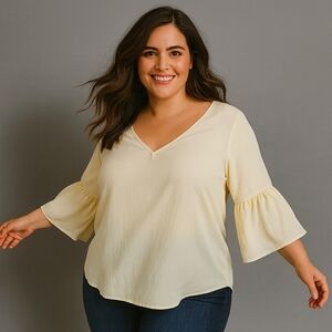 Valerie Stevens Plus 1X Yellow Ruffle Bell Sleeve Blouse Sheer Feminine Flowy